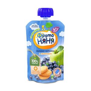 Пюре ФрутоНяня яблоко, черника с печеньем 90г